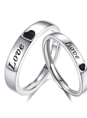 S925纯银LOVE刻字爱心形戒指男女生情侣对戒简约光面素圈食指环