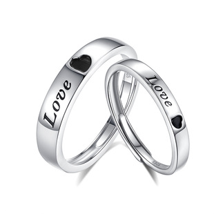 S925纯银LOVE刻字爱心形戒指男女生情侣对戒简约光面素圈食指环
