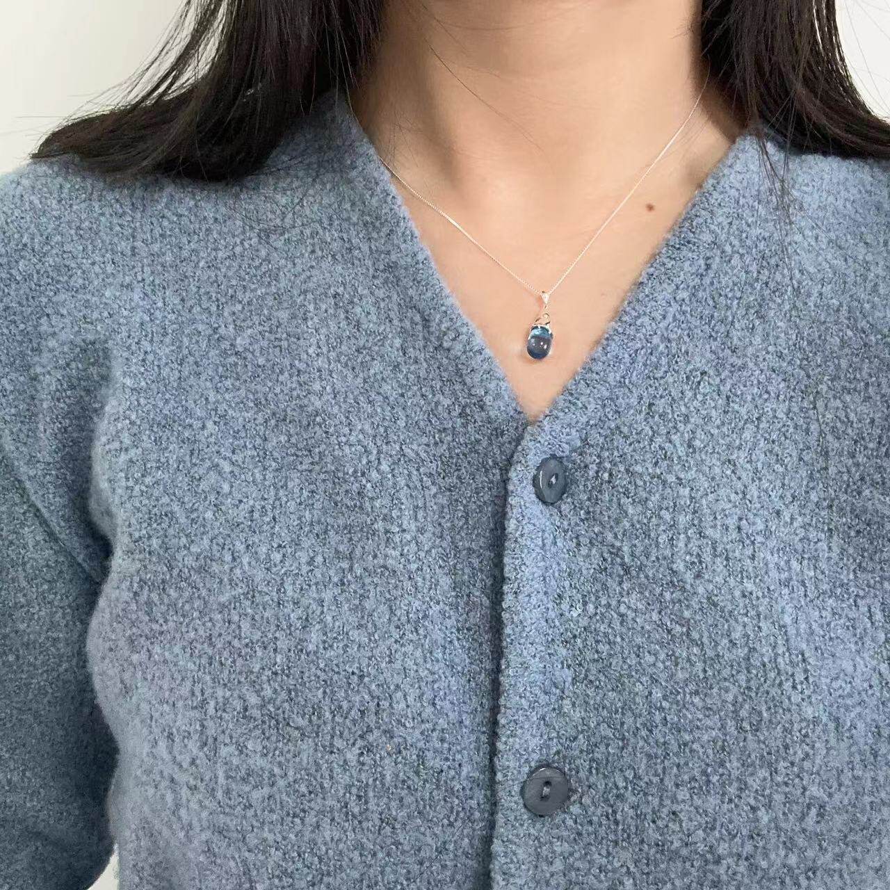 S925纯银蓝色水滴形猫眼石泪滴项链女生复古简约小巧通勤锁骨链女