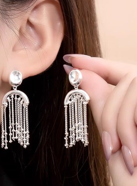 高档轻奢冷淡风银色瀑布长款流苏耳环女生法式高级小众设计感耳钉