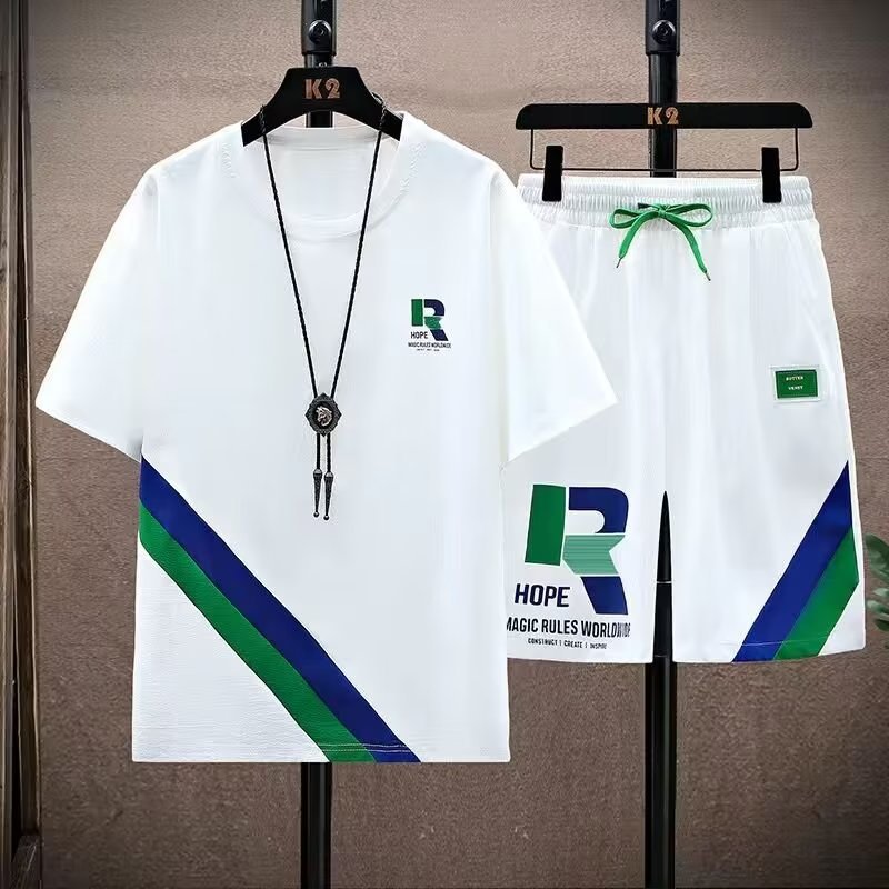 外贸男士运动套装休闲夏季薄款短袖短裤两件套男装速干跑步运动服