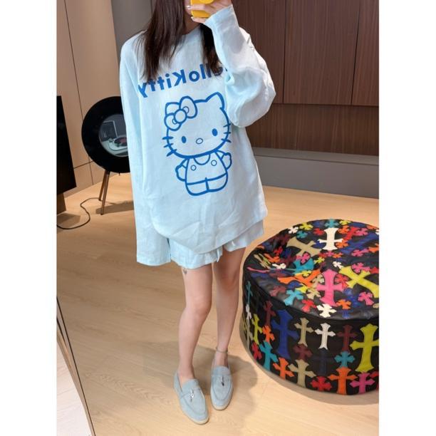 韩版蓝色甜美风KT猫睡衣女2026夏季新款长袖短裤家居服套装休闲风