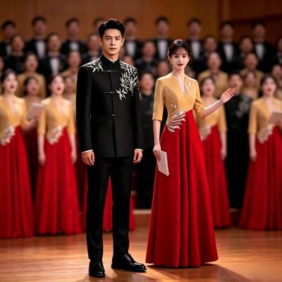 出租丹凤朝阳大合唱团雅竹表演出服朗诵红歌比赛主持人礼服租赁