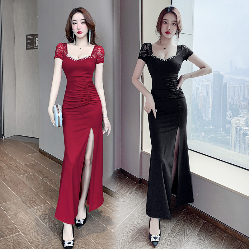 夜总会佳丽晚礼服性感白色ktv夜场服装女浴场桑拿技师工作服长裙