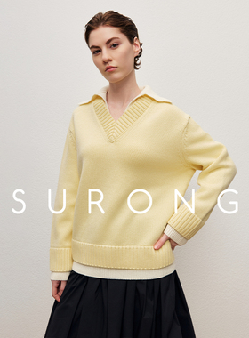 SURONG中鼎纱线  假两件撞色羊毛针织衫女冬季新款V领设计感套衫
