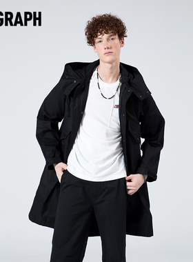 M-GRAPH卓卡潮牌男装2021春季连帽立领经典黑色中长款风衣外套男