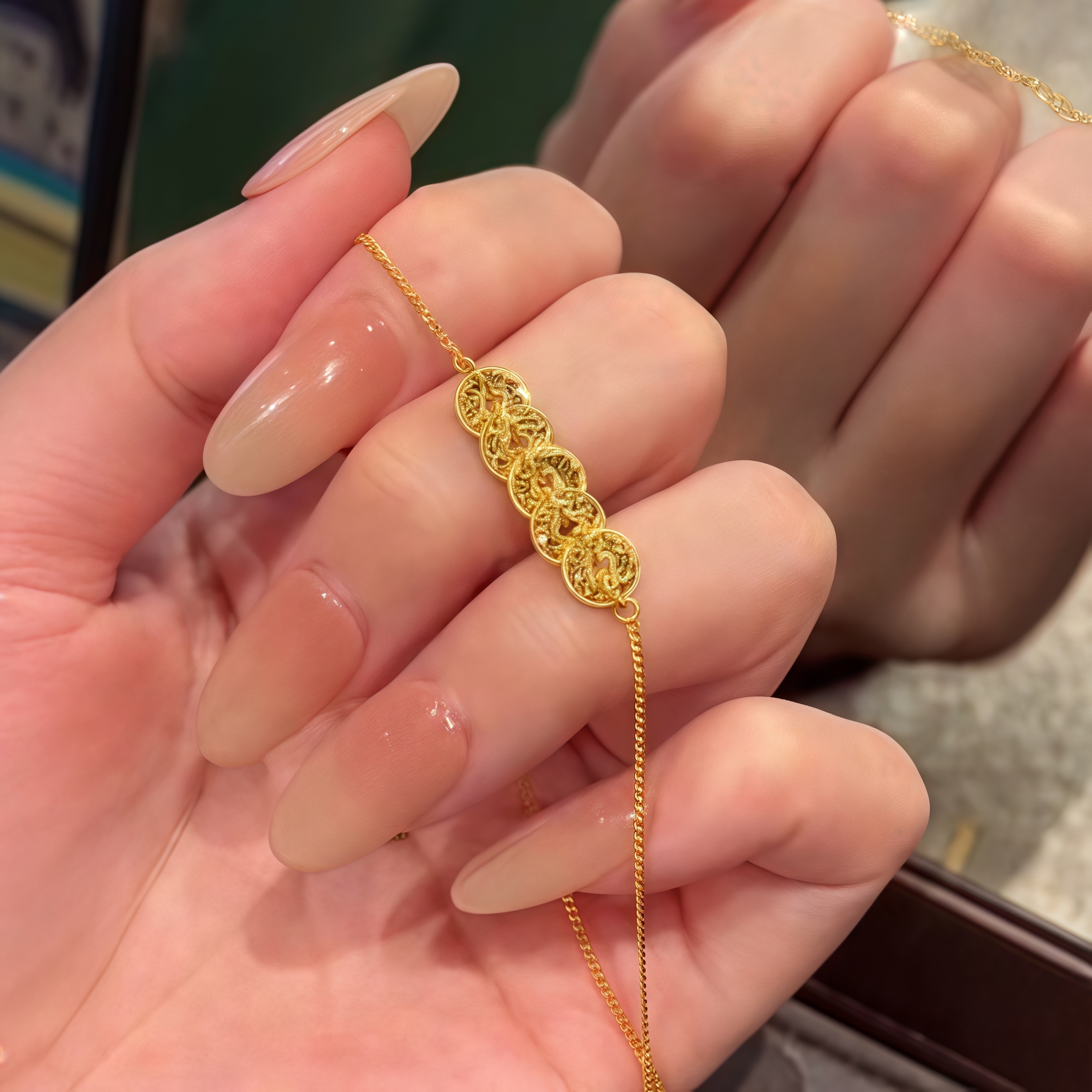 S925纯银镀黄金色五帝钱项链