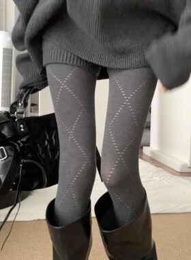 秋冬高腰菱格镂空连裤袜女韩系微压显瘦打底袜格雷系外穿百搭裤袜