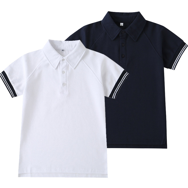 儿童短袖polo衫白夏季中小学生半袖藏青色校服插肩男女童翻领t恤