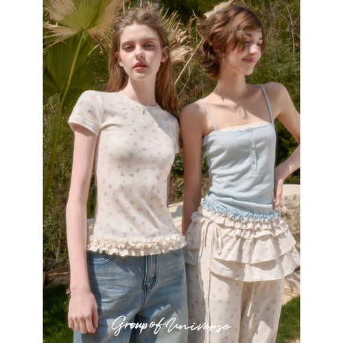 银河万岁 “小兔”100%舒适针织「原创印花T恤」清新百搭花边短袖