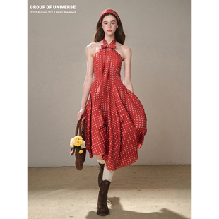 银河万岁 100%舒适复古「波尔多小红裙」港风大裙摆连衣裙 浆果