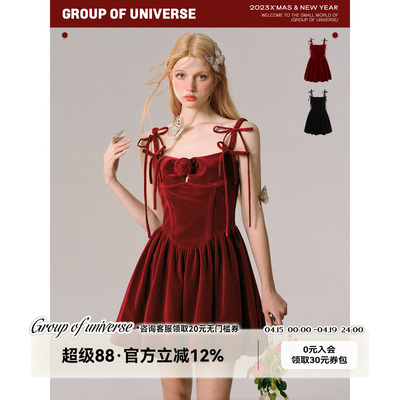 法式甜美圣诞黑色红色丝绒吊带裙