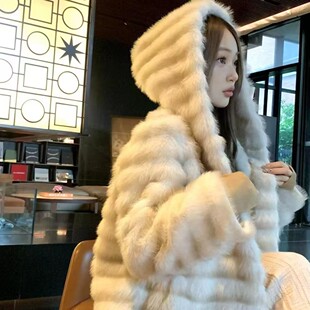 海宁进口仿水貂毛短款蝙蝠袖连帽外套女冬季环保皮草龙猫名媛风皮
