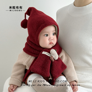 宝宝帽子围巾一体帽秋冬季ins风可爱蘑菇护耳帽红色新年保暖套装