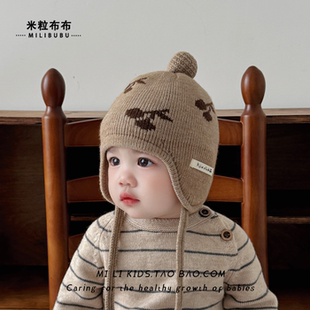 婴儿帽子秋冬季保暖针织毛线帽卡通可爱男女宝宝小月龄防风护耳帽