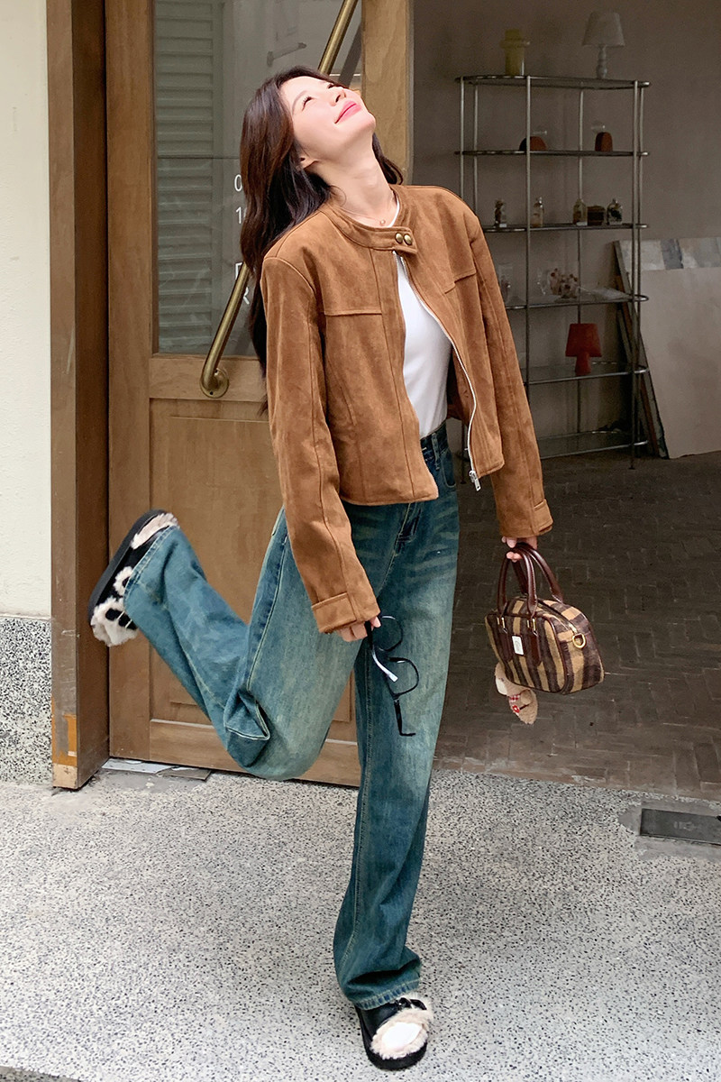 酷盐系咖色短外套女春秋2025新款韩系复古时尚高级感麂皮绒上衣,女装短外套,2C032