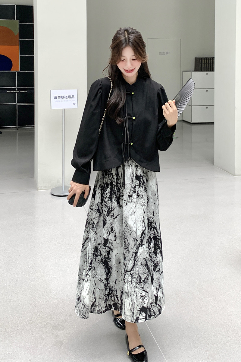 黑色新中式裙女2025春秋新款国风盘扣上衣水墨画半身裙,女装连衣裙,2C032