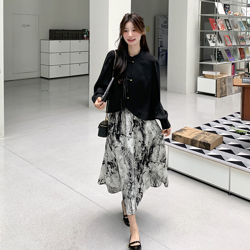 黑色新中式裙女2025春秋新款国风盘扣上衣水墨画半身裙,女装连衣裙,2C032