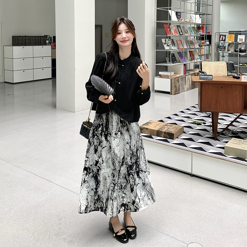 黑色新中式裙女2025春秋新款国风盘扣上衣水墨画半身裙,女装连衣裙,2C032