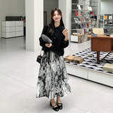 黑色新中式裙女2025春秋新款国风盘扣上衣水墨画半身裙，女装连衣裙，2C032