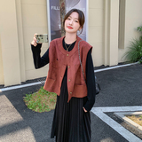 超火黑色连衣裙女春秋2025新款气质轻熟穿搭马甲百褶裙，女装连衣裙，2C032