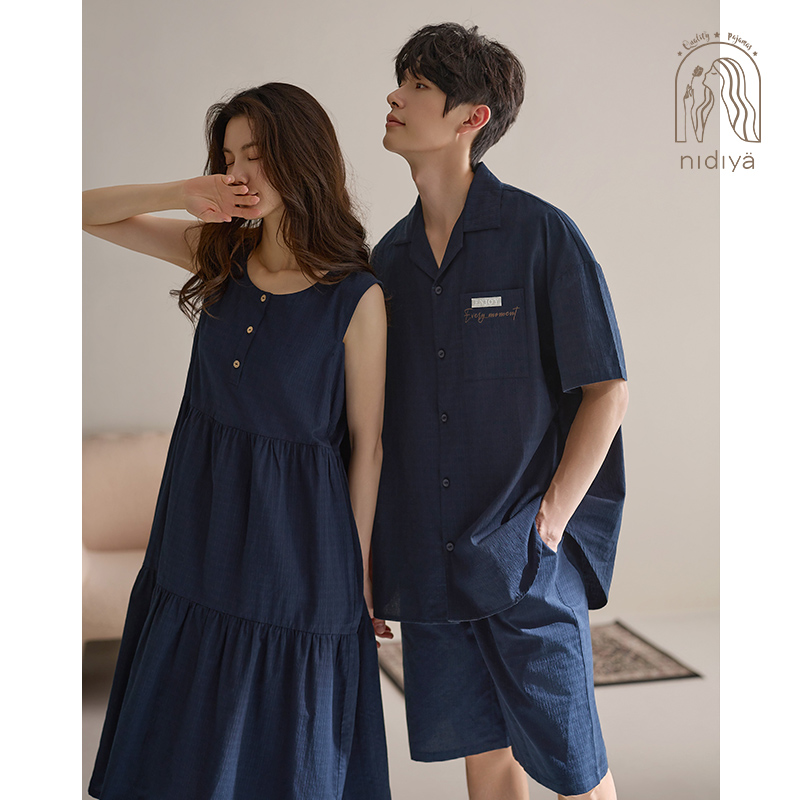 妮狄娅情侣睡衣女夏季薄款纯棉宽松背心裙男开衫短裤款家居服套装