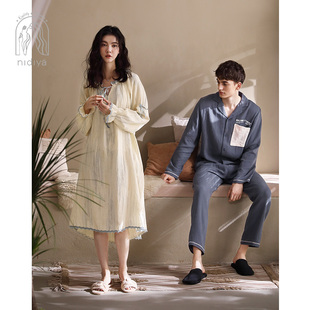 妮狄娅新款情侣睡衣女春秋纯棉纱布长袖睡裙宽松简约男家居服套装