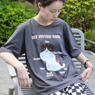 8折!李喜猫LIXIMAO原创2024猫咪印花宽松短袖圆领纯棉情侣T恤