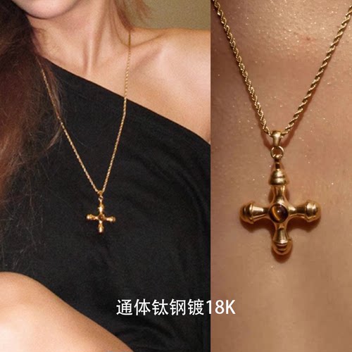 钛钢镀金轻奢中古虎眼石十字架长款项链女小众高级感宫廷风毛衣链