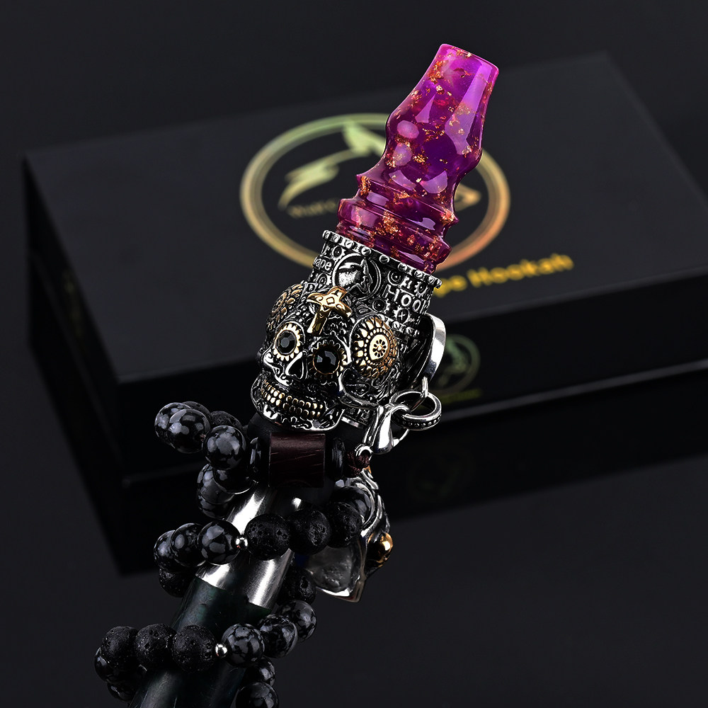 硬核金属双骷髅头阿尔法赫水烟嘴金箔树脂吸嘴 配石珠链+品牌挂绳