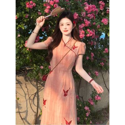 新中式国风粉改良旗袍连衣裙女夏