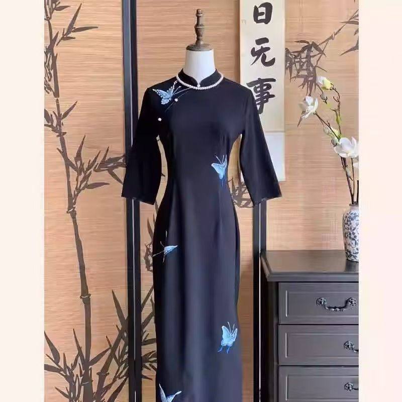 新中式2025新款改良旗袍年轻气质修身蝴蝶国风黑色连衣裙秋冬款