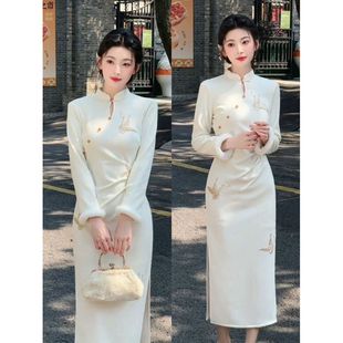 新中式旗袍连衣裙白色秋冬新款冬季长袖加绒加厚冬装改良女冬天