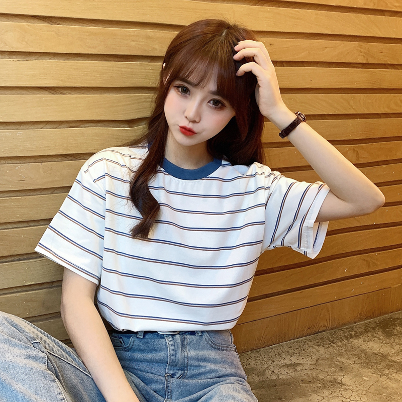 Real price striped T-shirt women's summer new Korean Short Sleeve loose and fresh elegant style ins Chaowang red student top