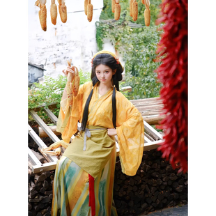 新款汉服女黄色田园风小师妹古装采茶女种田文女主古风油菜花穿搭