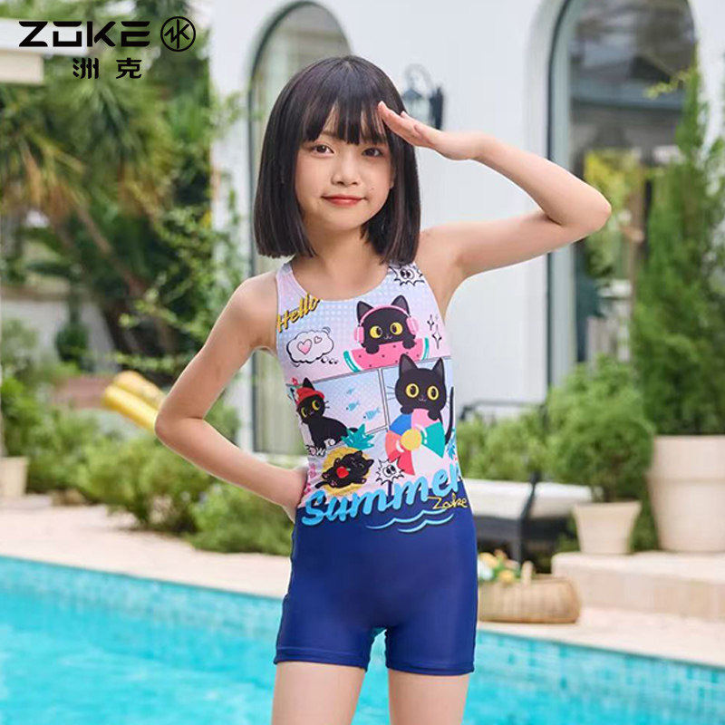 洲克卡通连体泳衣女童平角修身中大童专业游泳泳衣比赛训练推荐