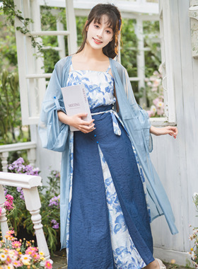 花朝记｜鸢尾｜宋制汉服混搭三裥裙吊带蓝色提花日常国风