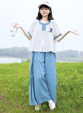 花朝记｜自由猫｜明制汉服元素蓝色圆领衫宋裤休闲运动风速干防晒