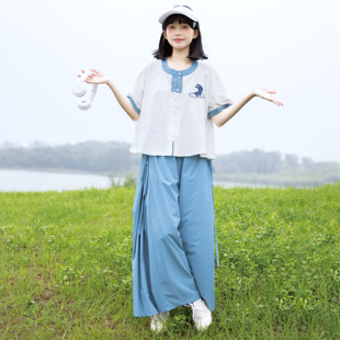 宋裤 休闲运动风速干防晒 素蓝色圆领衫 花朝记｜自由猫｜明制汉服元