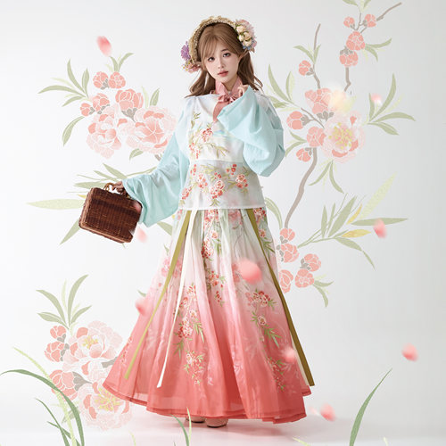 花朝记｜画外竹桃｜晋制汉服裲裆破裙绣花印花粉色渐变公主风春秋