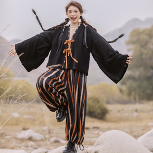 花朝记｜玄歌｜晋制汉服褶衣曲领衫 毛呢黑色秋冬日常风 条纹灯笼裤