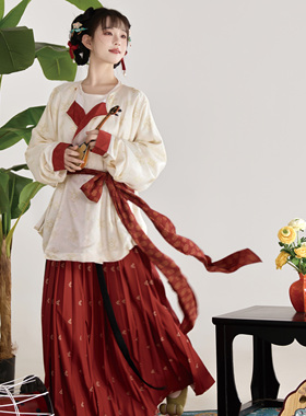 花朝记｜朱颜｜唐制宋制汉服圆领袄百迭裙腰带红色提花传统日常风