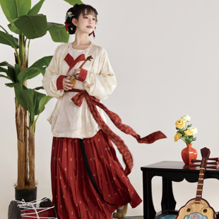 花朝记｜朱颜｜唐制宋制汉服圆领袄百迭裙腰带红色提花传统日常风