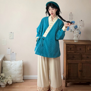 花朝记｜霜蓝｜明制对穿交弓袋袖 秋冬日常 加绒短袄提花口袋直筒裤