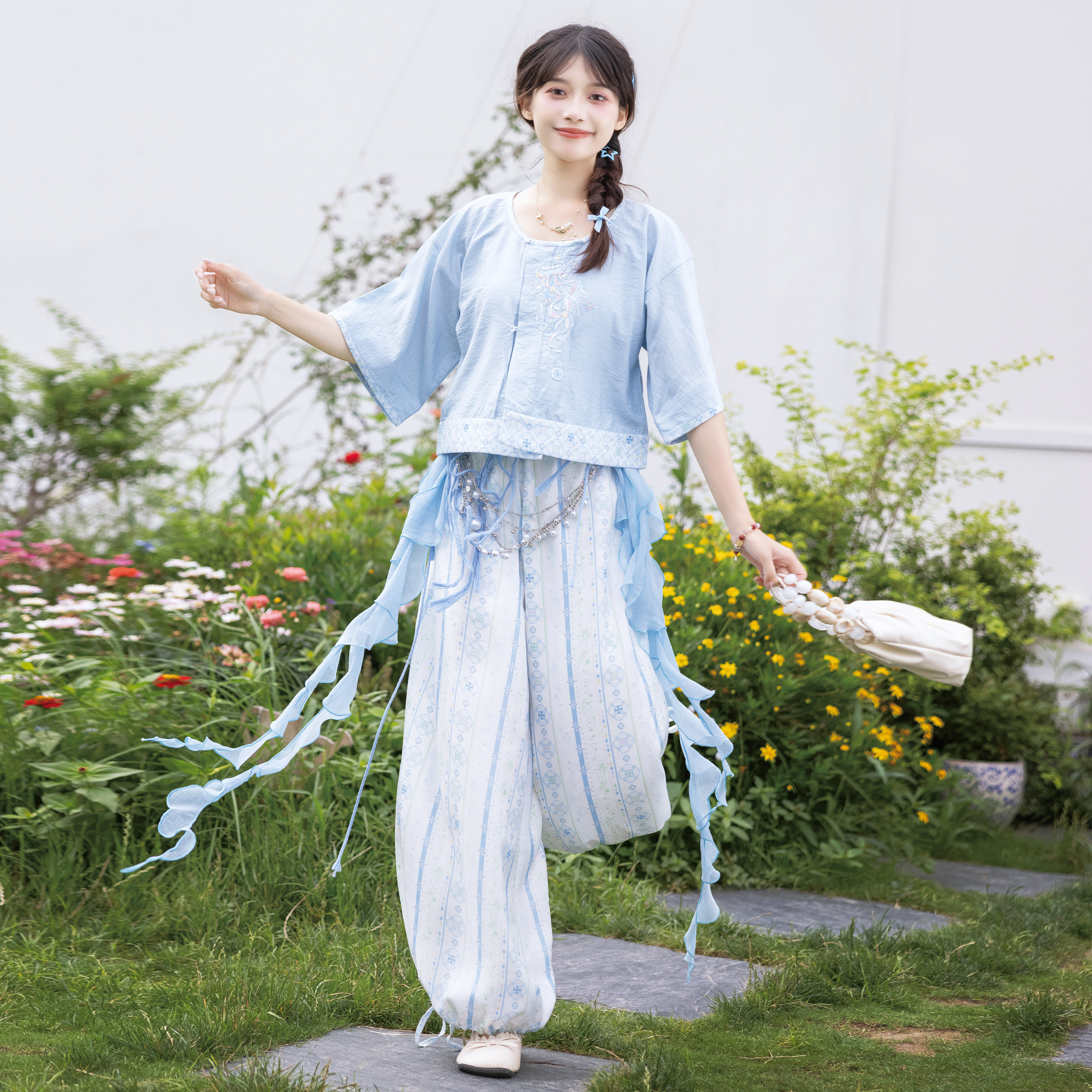 花朝记｜云蓝镜｜唐制汉服唐背子灯笼裤飘带绣花蓝色休闲日常文艺,女装/女士精品,汉服半身裙,淘宝优惠券,粉丝福利购,淘宝优惠卷