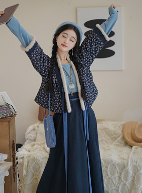 花朝记｜菘蓝｜唐制汉服唐背子圆领衫交窬裙绗棉碎花蓝色日常秋冬