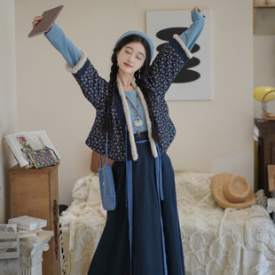 花朝记｜菘蓝｜唐制汉服唐背子圆领衫 交窬裙绗棉碎花蓝色日常秋冬