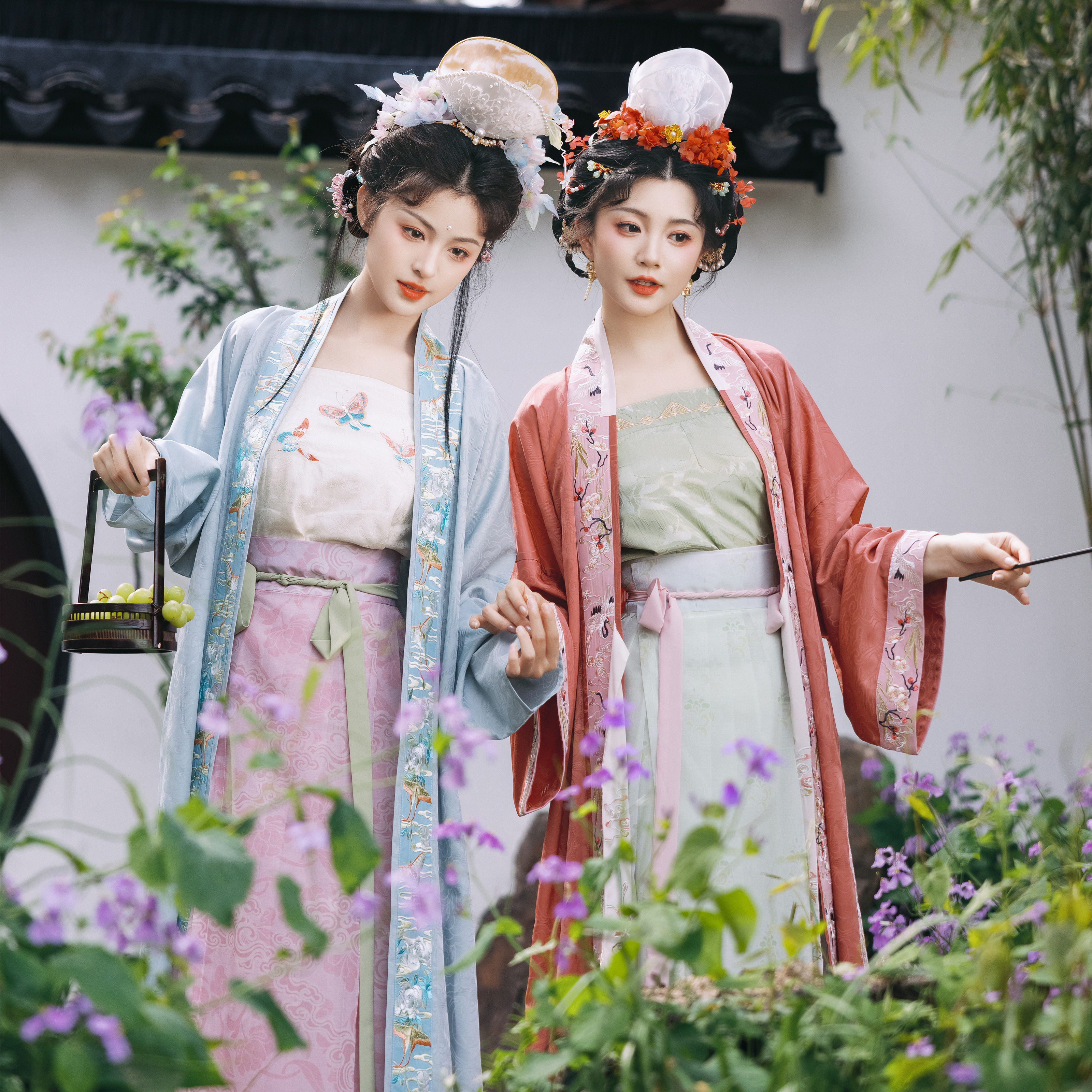 花朝记｜采桑｜宋制汉服对襟长衫百迭裙定织仿花罗绣花蓝色春夏款