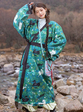 花朝记｜飞马｜汉服西汉直裾襌衣灯笼裤绿色印花显瘦大衣秋冬日常