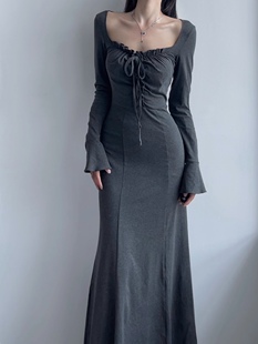 显瘦包臀裙鱼尾长裙 修身 性感辣妹长袖 针织连衣裙女早秋冬新款